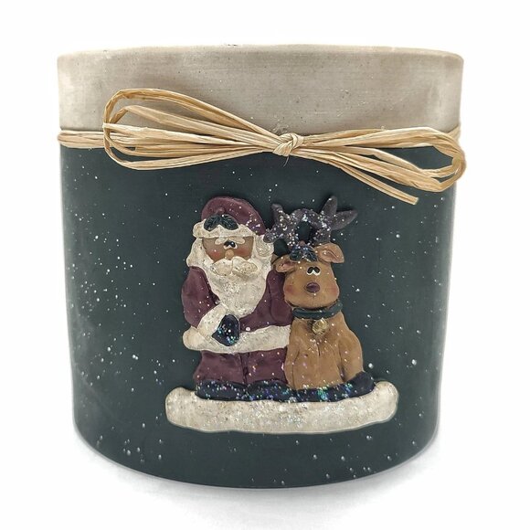 Stoneware Candle Holder Santa & Reindeer | 4.75"x4.75" Holiday Christmas Decor - Picture 1 of 5